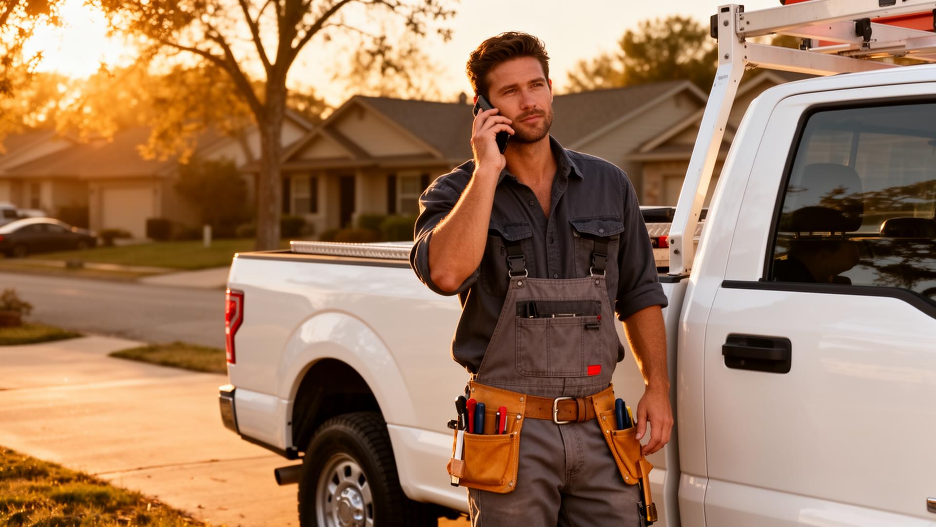 Local service contractor taking a customer call next to his work truck